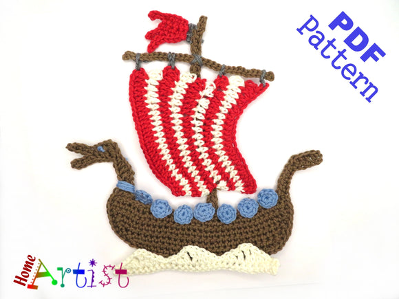 Crochet Pattern - Instant PDF Download - Viking Ship crochet pattern applique