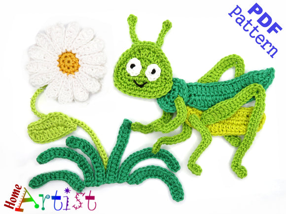 Grasshopper + Flower Crochet Applique Pattern -INSTANT DOWNLOAD