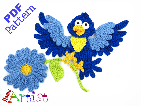 Bird +Flower Crochet Applique Pattern -INSTANT DOWNLOAD