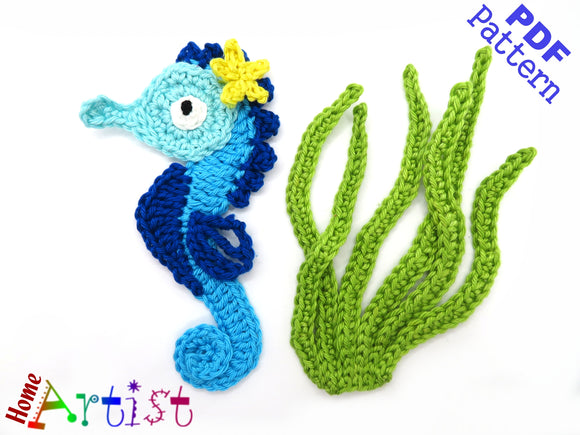 Seahorse + Plants crochet Applique Pattern -INSTANT DOWNLOAD