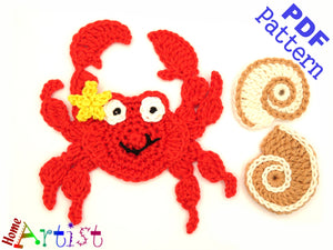 Crochet Pattern - Instant PDF Download - Crab + Shell crochet Applique Pattern applique