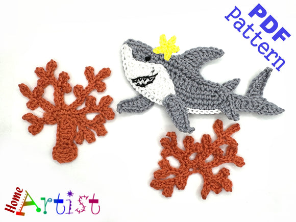 Shark + Plants crochet Applique Pattern -INSTANT DOWNLOAD