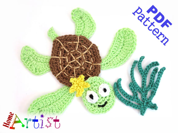Seaturtle + Plants crochet Applique Pattern -INSTANT DOWNLOAD