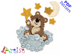 Bear and clouds crochet Applique Pattern -INSTANT DOWNLOAD