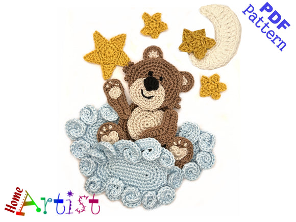 Bear and clouds crochet Applique Pattern -INSTANT DOWNLOAD