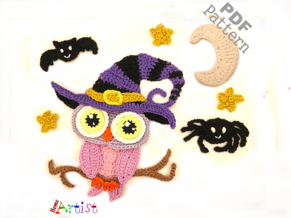 Crochet Pattern - Instant PDF Download - Halloween Owl - Crochet Owl Witch - Halloween - Witch applique (Copy)