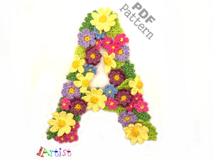 Crochet Alphabeth Uppercase A Flower Letter Applique Pattern Lettering English version Instant PDF Download