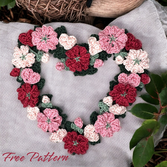 Crochet Floral Heart Valentin Flower Applique Pattern  English version Instant PDF Download