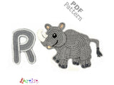 Crochet Animal Alphabet R Rhino Letter Applique Pattern Lettering English version Instant PDF Download