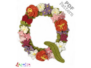 Crochet Alphabeth Uppercase Floral Q Flower Letter Applique Pattern Lettering English version Instant PDF Download