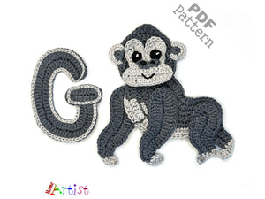 Crochet Animal Alphabet G Gorilla Letter Applique Pattern Lettering English version Instant PDF Download