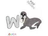 Crochet Animal Alphabet W Walrus Letter Applique Pattern Lettering English version Instant PDF Download