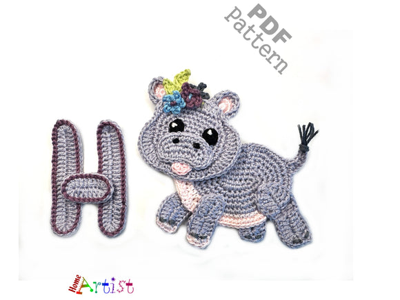 Crochet Animal Alphabet H Hippo Letter Applique Pattern Lettering English version Instant PDF Download