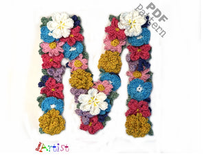 Crochet Alphabeth Uppercase Floral M Flower Letter Applique Pattern Lettering English version Instant PDF Download