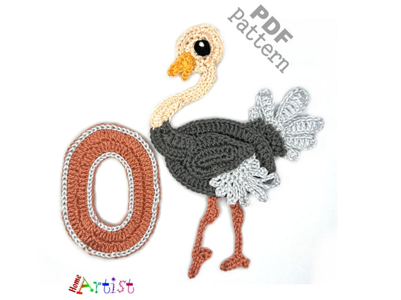 Crochet Animal Alphabet O Ostrich Letter Applique Pattern Lettering English version Instant PDF Download