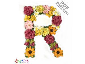 Crochet Alphabet Uppercase Floral R Flower Letter Applique Pattern Lettering English version Instant PDF Download