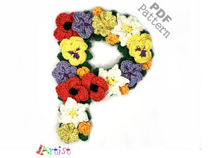 Crochet Alphabeth Uppercase Floral P Flower Letter Applique Pattern Lettering English version Instant PDF Download