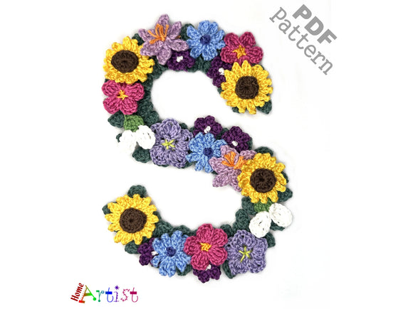 Crochet Alphabet Uppercase Floral S Flower Letter Applique Pattern Lettering English version Instant PDF Download