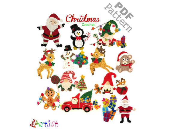 Crochet Pattern Christmas Bundle Collection Santa Deer Gnome Penguin Winter Gngerbread Applique Patch English version Instant PDF Download