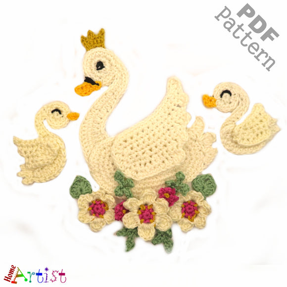 Swan Mom and babies Crochet Applique Pattern -INSTANT DOWNLOAD