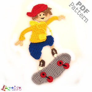 Crochet Pattern - Instant PDF Download - Skateboarder Crochet Applique Pattern applique