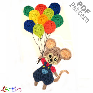 Crochet Pattern - Instant PDF Download - Mouse with balloons Crochet Pattern applique