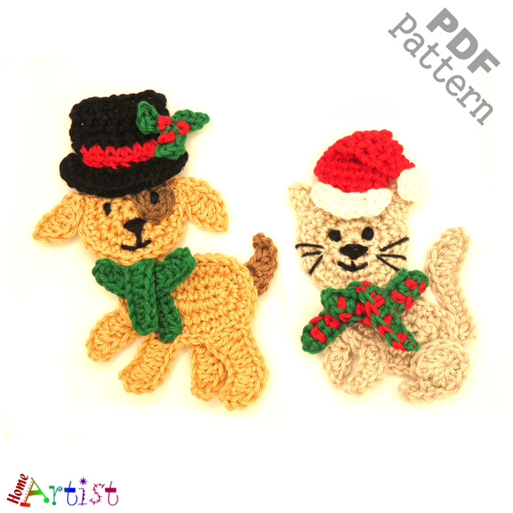 Cat and dog set Christmas crochet Applique Pattern -INSTANT DOWNLOAD