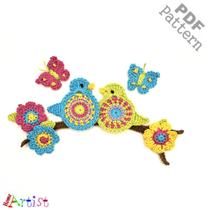 Crochet Pattern - Instant PDF Download - Bird set crochet Applique Pattern applique