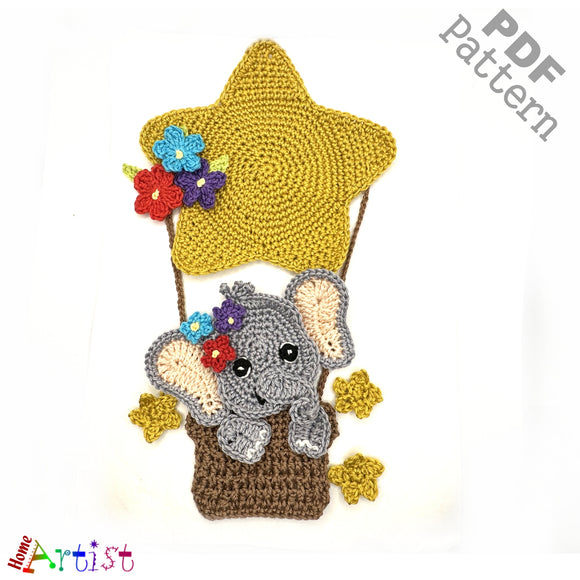 Elephant Hot air balloon crochet Applique Pattern -INSTANT DOWNLOAD