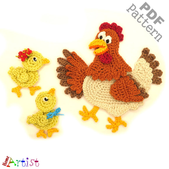 Applikation Crochet Pattern - Instant PDF Download - Chicken Hen  and chicks crochet pattern applique (Copy)
