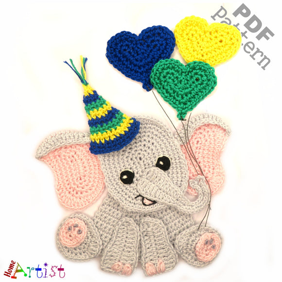 Elephant Birthaday Balloons crochet Applique Pattern -INSTANT DOWNLOAD