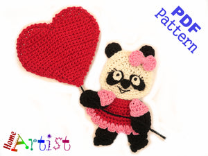 Panda Girl San Valentin crochet Applique Pattern -INSTANT DOWNLOAD