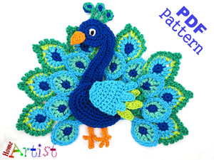 Peacock Crochet Applique Pattern -INSTANT DOWNLOAD