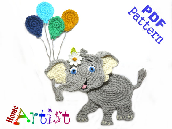 Elephant & Balloons Crochet Applique Pattern -INSTANT DOWNLOAD