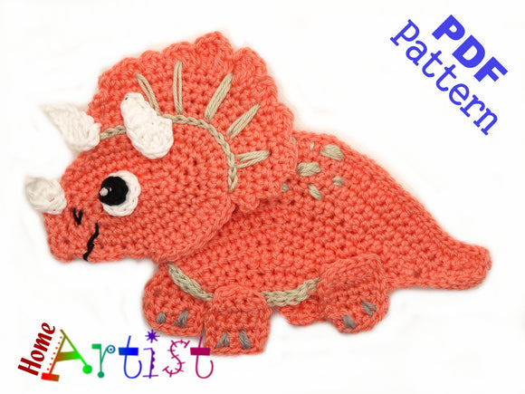 Crochet Pattern - Instant PDF Download - Triceratops Dino crochet pattern applique