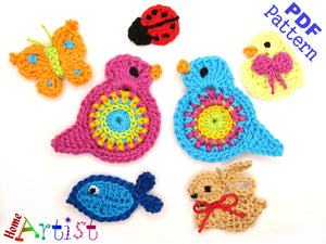 Crochet Pattern Set 01 - Instant PDF Download Bird Ladybug Bunny Butterfly Chick Fish Crochet Pattern applique