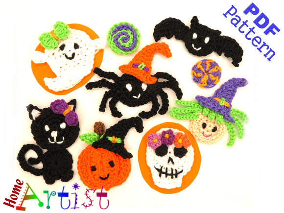 Crochet Pattern - Instant PDF Download - Halloween Set - Crochet Witch Cat Ghost Bat Pumpkim - Witch applique