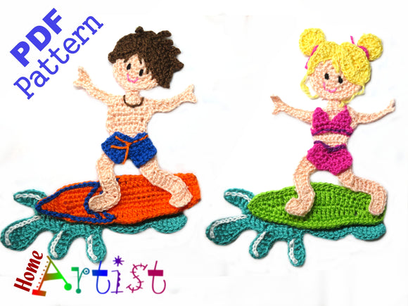 Surfer Applikation Crochet Pattern - Instant PDF Download - Boy & Girl crochet pattern applique